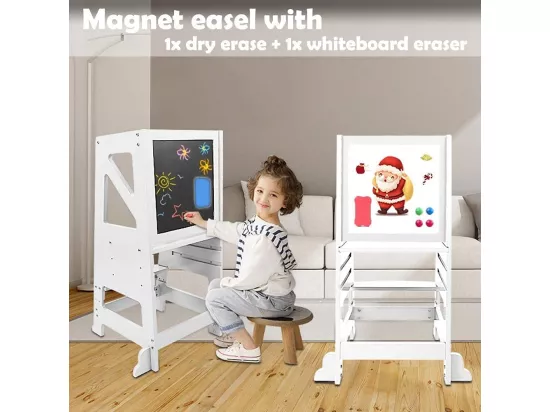 Tour d'apprentissage en Bois,Tour d'observation pour Enfants,Montessori Learning Tower,Réglable en hauteur Marchepied pour bébé avec Tableau Noir-Blanc