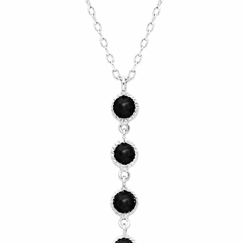 Collier Cravate Argent Rhodié Pompon Pierres Spinelle Noire