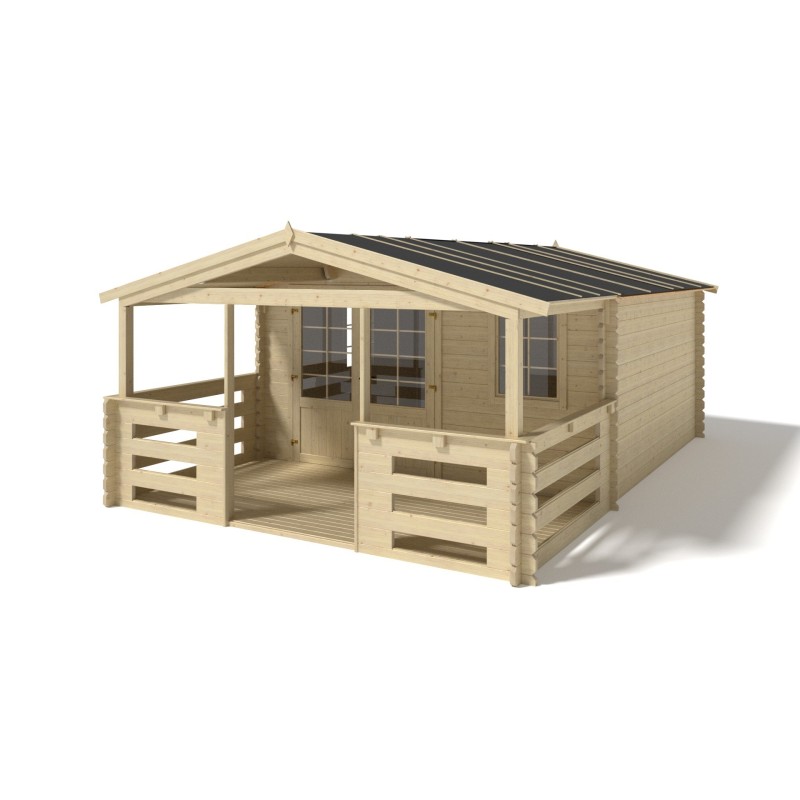 Abri de jardin en bois - 4x4 m - 24 m2 + terrasse avec balustrade et avant-toit en bois