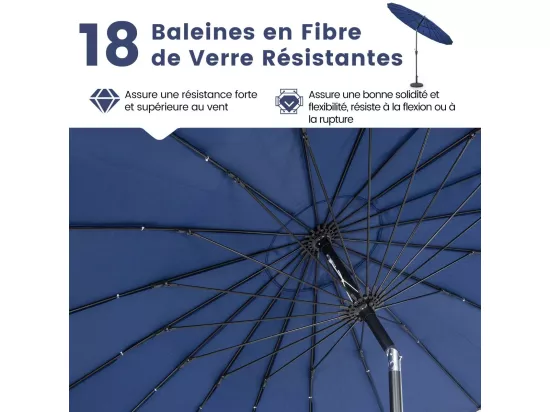 Parasol de Jardin Rond Ø 265CM, Parasol avec 18 Baleines en Fibre de Verre avec Manivelle et Mécanisme d'Inclinaison, Parasol de Terrasse avec Toile Résistante et Poteau en Aluminium (Bleu)