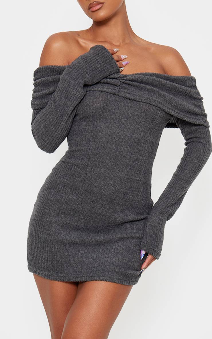 Gris Robe Moulante À Manches Longues Côtelée Brossée Col Bardot