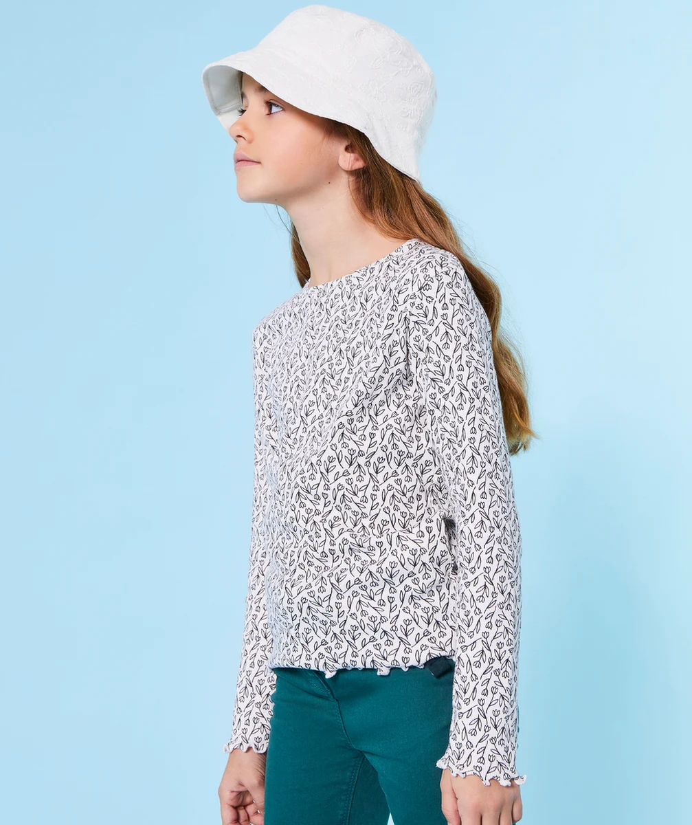 T-SHIRT MANCHES LONGUES FILLE EN COTON BIO CÔTELÉ AVEC IMPRIMÉ FLORAL
