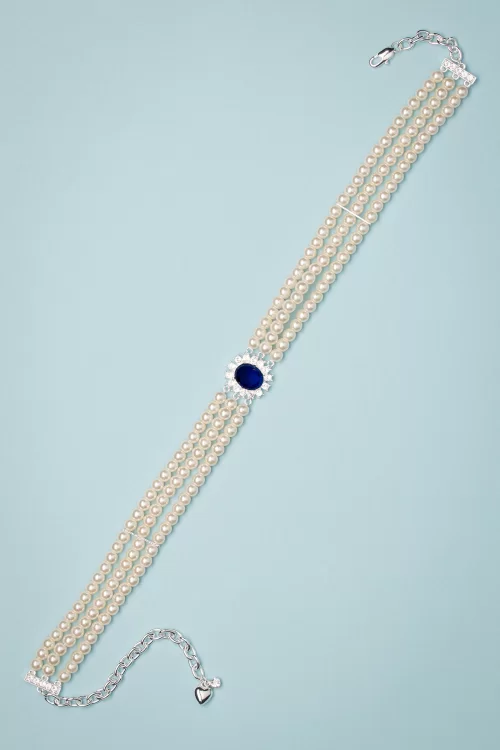 Lovely Lady Diana parel choker ketting in saffierblauw