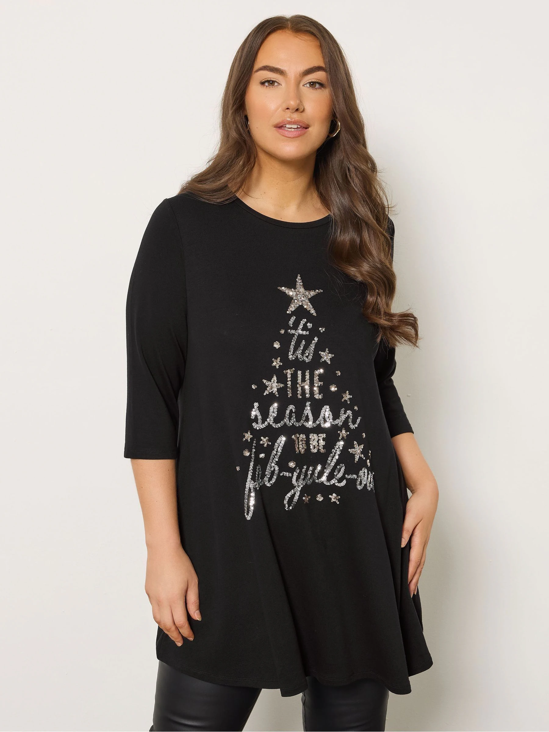 Evans Zwart T-shirt met Lange mouwen en Kerstmisboomprint