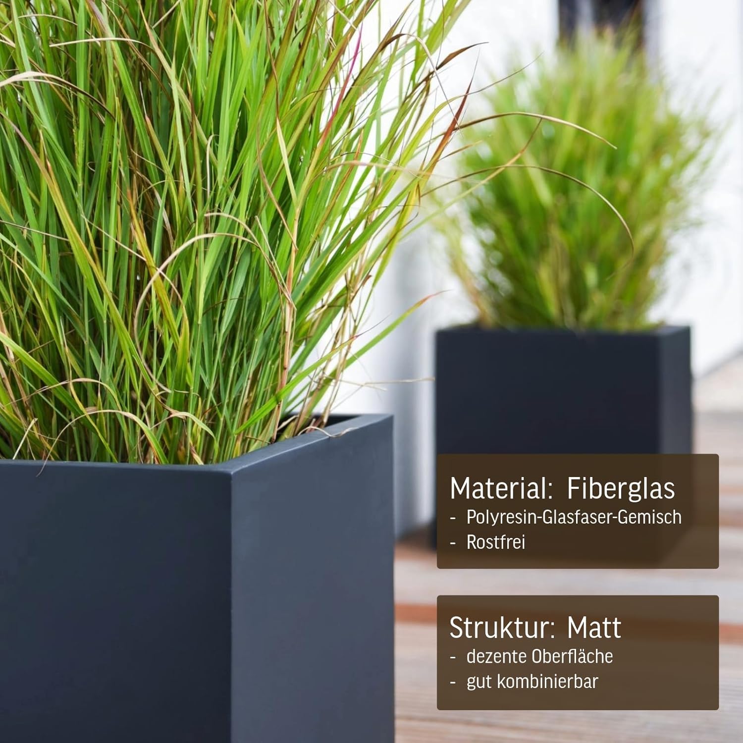 VIVANNO Pflanzkübel Fiberglas Block Frostsicher - 50x50x50 cm - Anthrazit Matt - Blumenkübel Quadratisch für Draußen und Drinnen