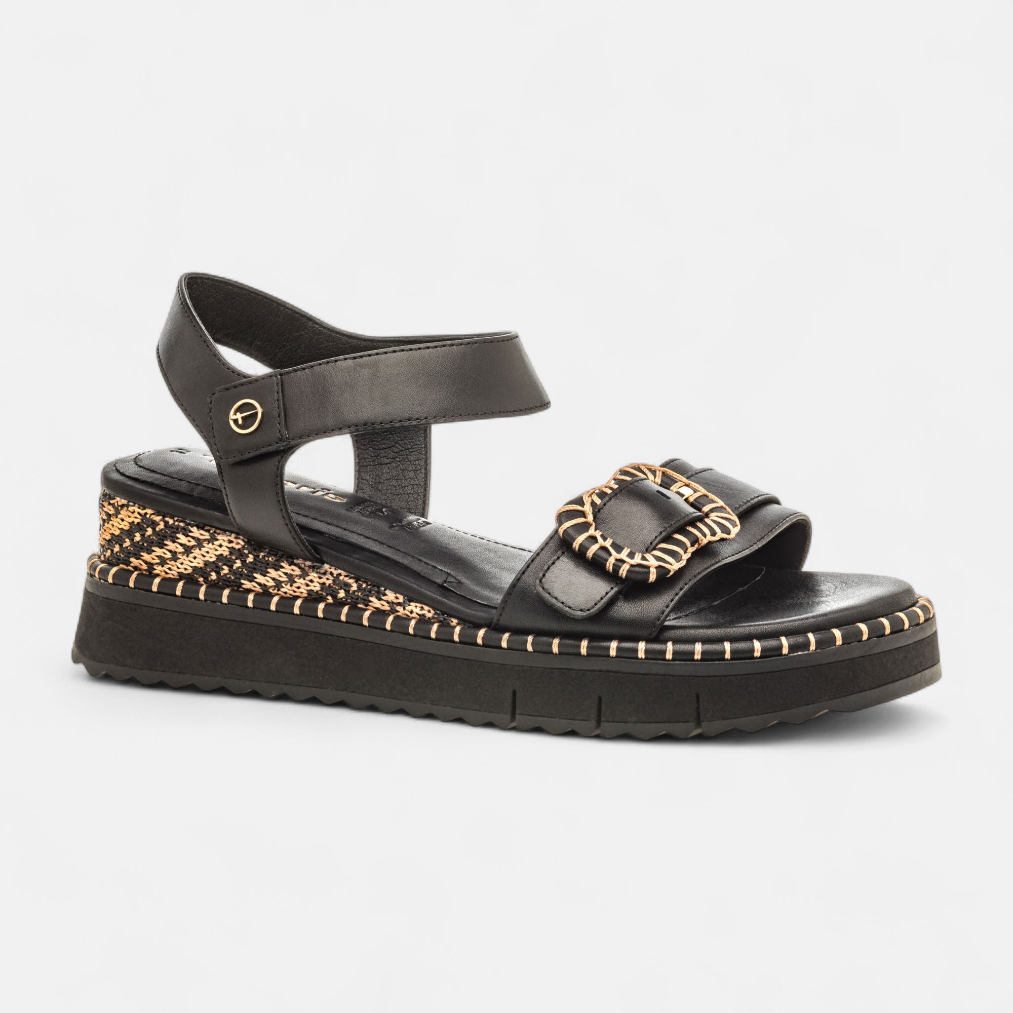 Sandales à talon compensé Femme en cuir noir