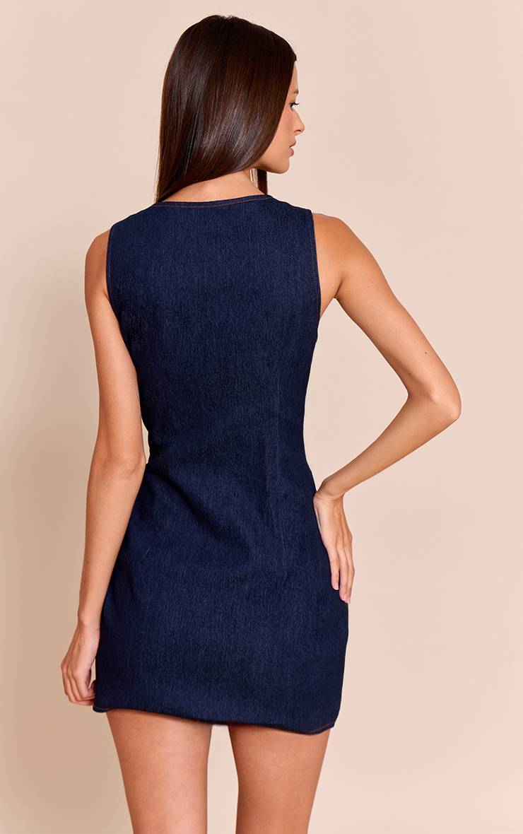 Bleu Robe Moulante En Chambray Col Carré Avec Détails Boutons Dorés