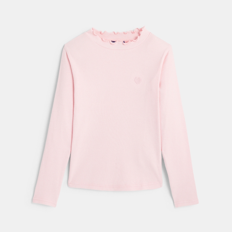 T-shirt côtelé broderie cœur rose fille