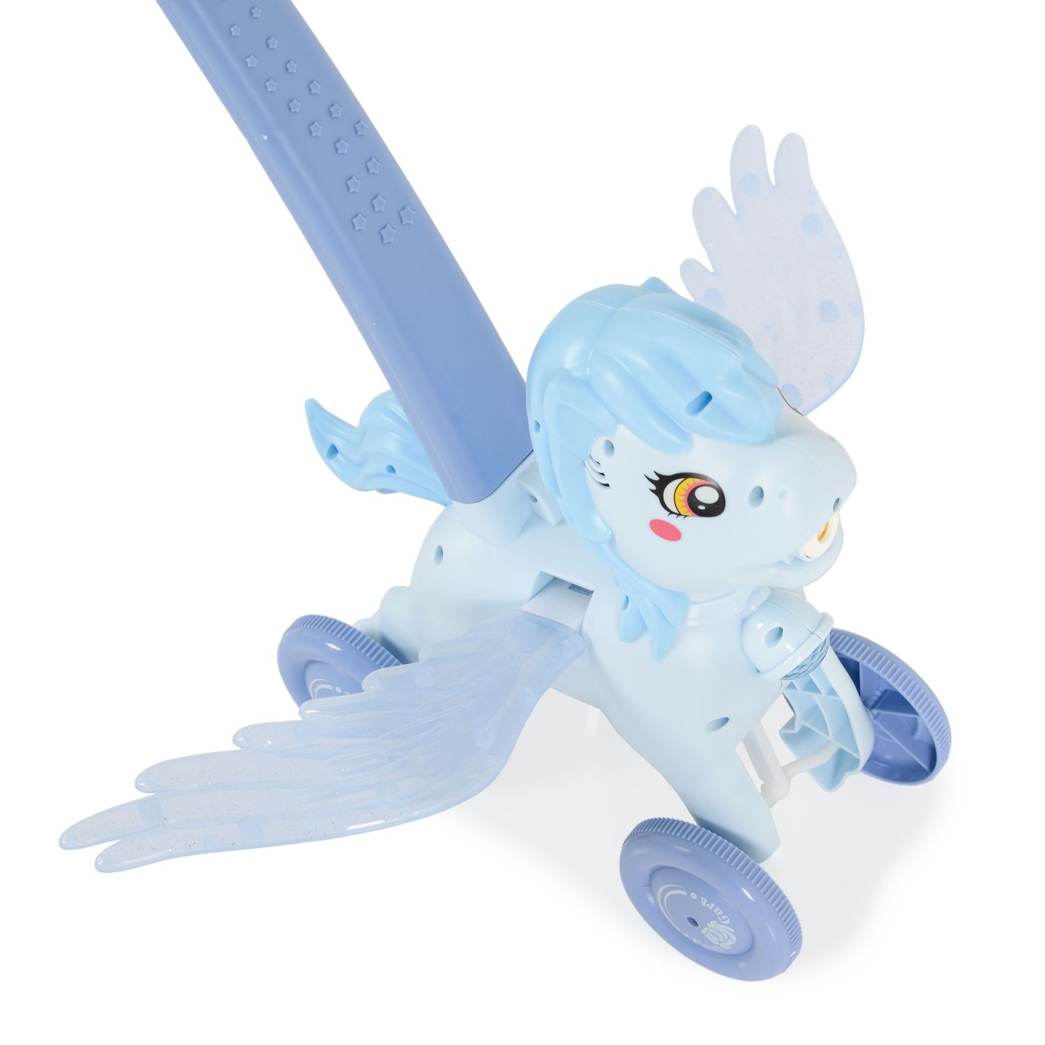 Moni Schiebespielzeug Pony Wings 40 cm hoch Seifenblasen bewegliche Flügel Musik blau