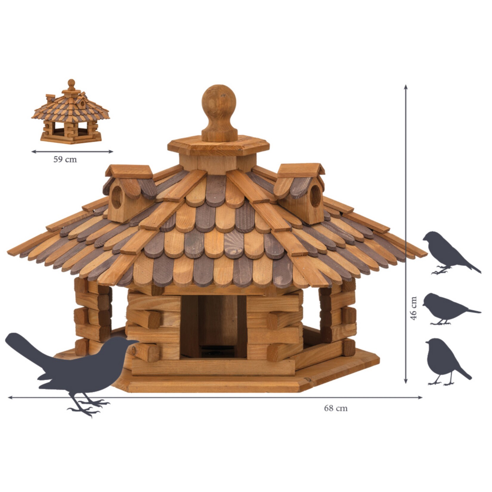Dobar Rustikales XXL-Vogelfutterhaus im Blockhaus-Stil mit dekorativem Holzschindeldach, Vogelhaus mit 6 Einfluglöchern