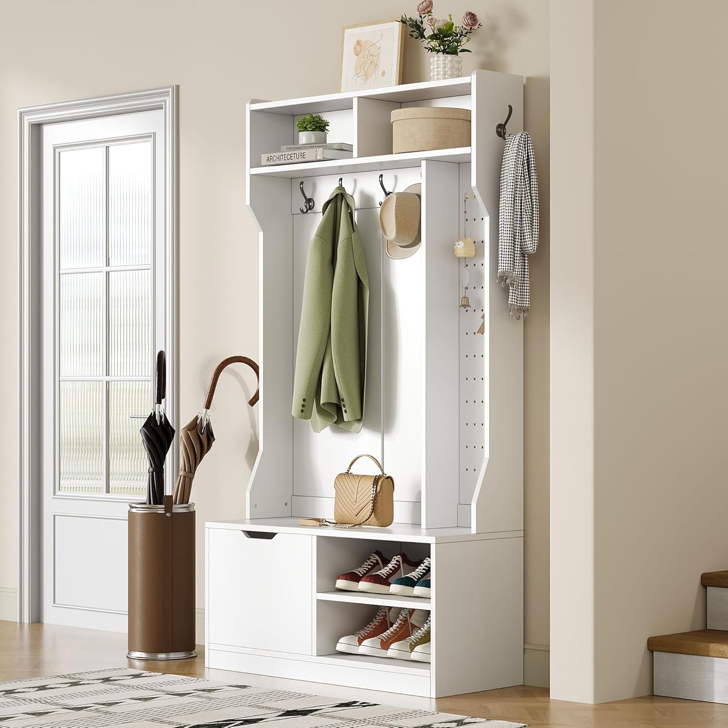Merax Flurgarderobe Garderobenschrank Flur, Garderobe mit Sitzbank, 6 Haken, 1 Türen & 4 Offener Lagerraum, 100×185.5×40 cm, Weiß