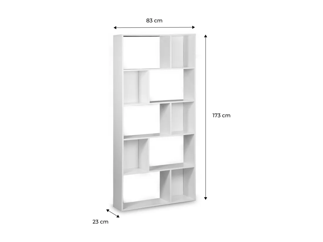 Bibliothèque design asymétrique – Pieter – 5 étagères. 10 compartiments de rangement. 83x23x173cm