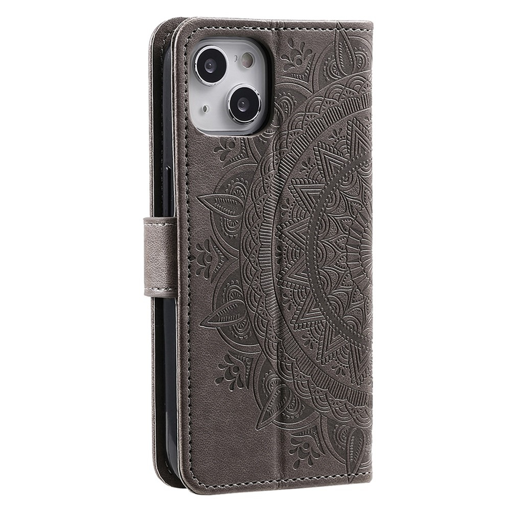 iPhone 14 Leder Tasche Wallet - Mandala Flowers Imprint - Grau