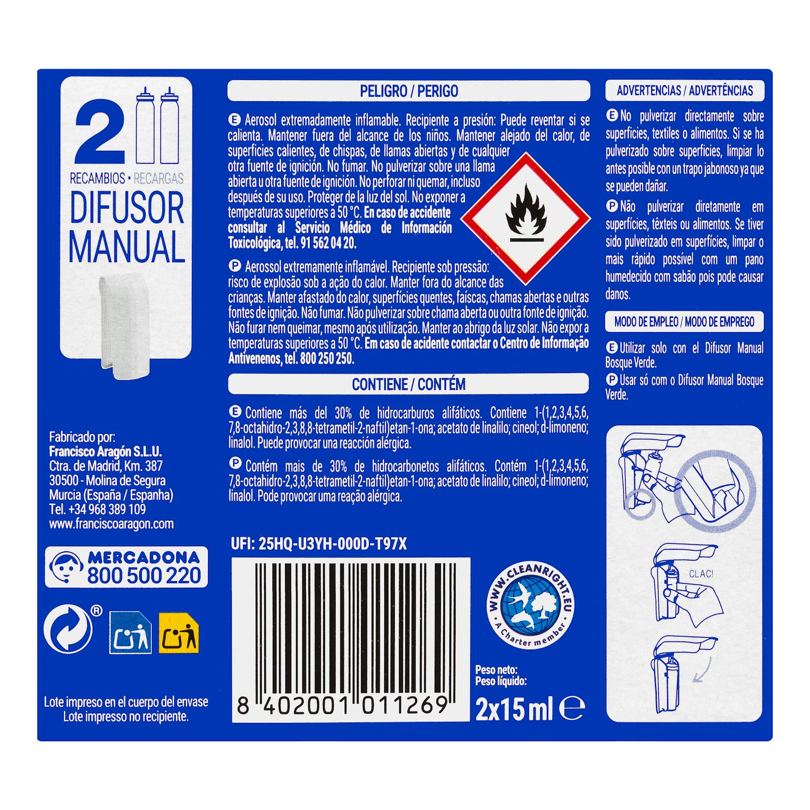 Recharge mini spray désodorisant Brise Bleue Vert Forêt