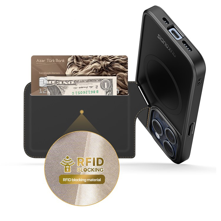iPhone 15 Pro MagSafe Hybrid Leder Hülle mit Kartenfach   Kickstand Aufsteller (RFID Schutz) - Schwarz
