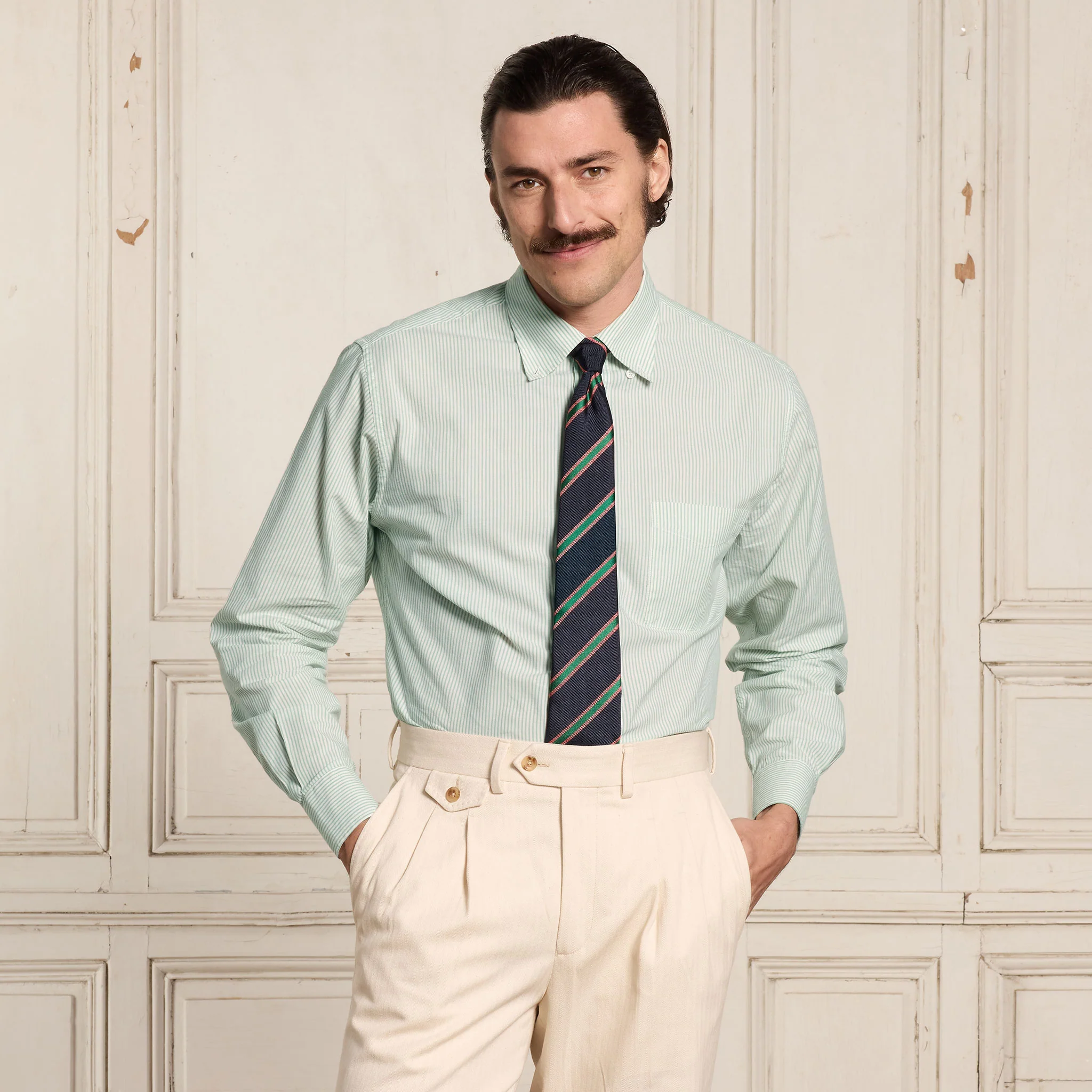Green striped poplin shirt