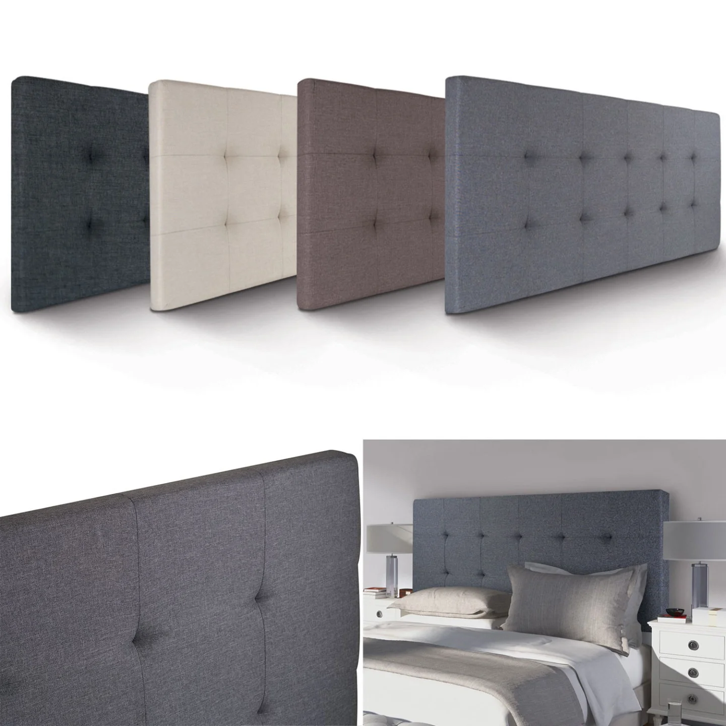 Tête de lit suspendue ELZA pour lit 140 et 160 cm capitonnée en tissu gris anthracite