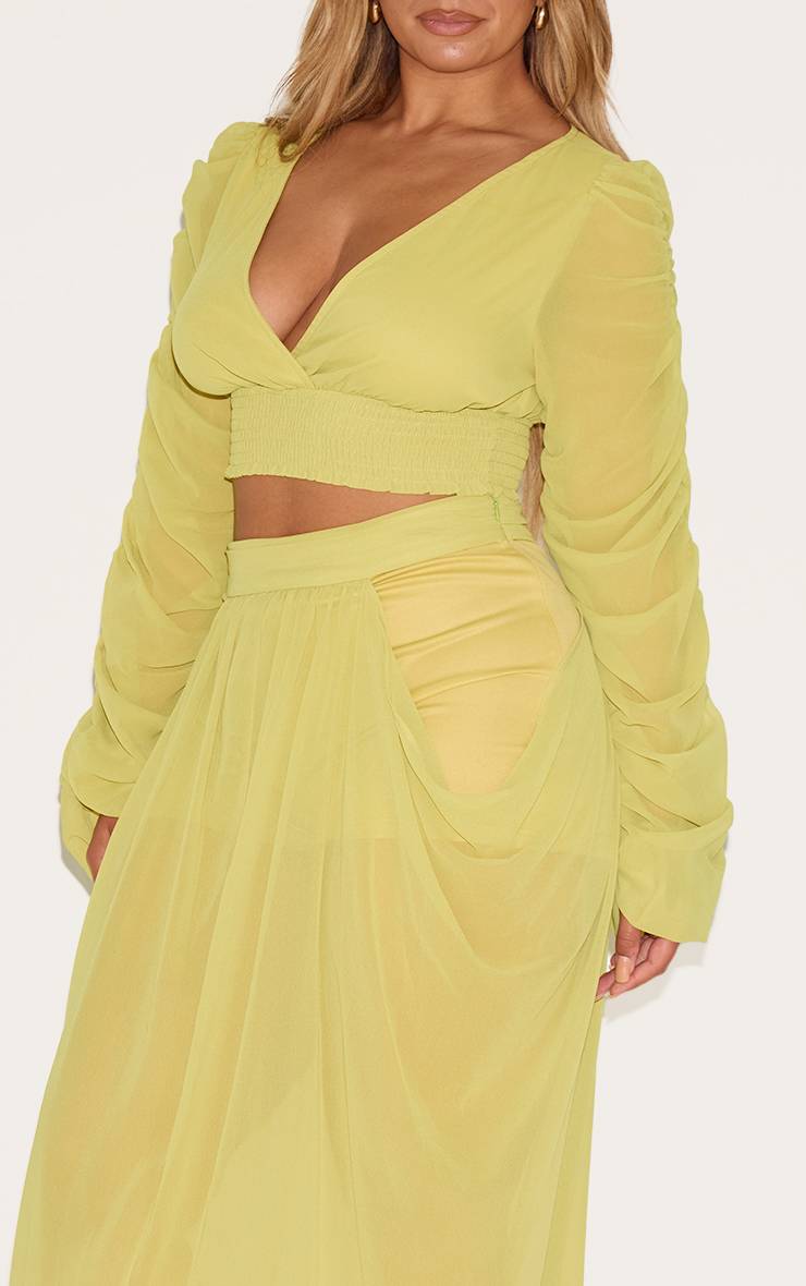Citron Vert Blouse Coordonnée Shape En Mousseline À Manches Ballon, Décolleté Plongeant Et Taille Cintrée