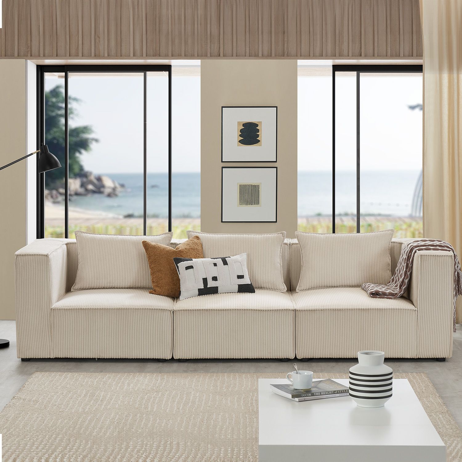 Juskys modulares Sofa Domas in Cord Beige - Ecksofa Links mit Armlehne & Kissen - kombinierbar