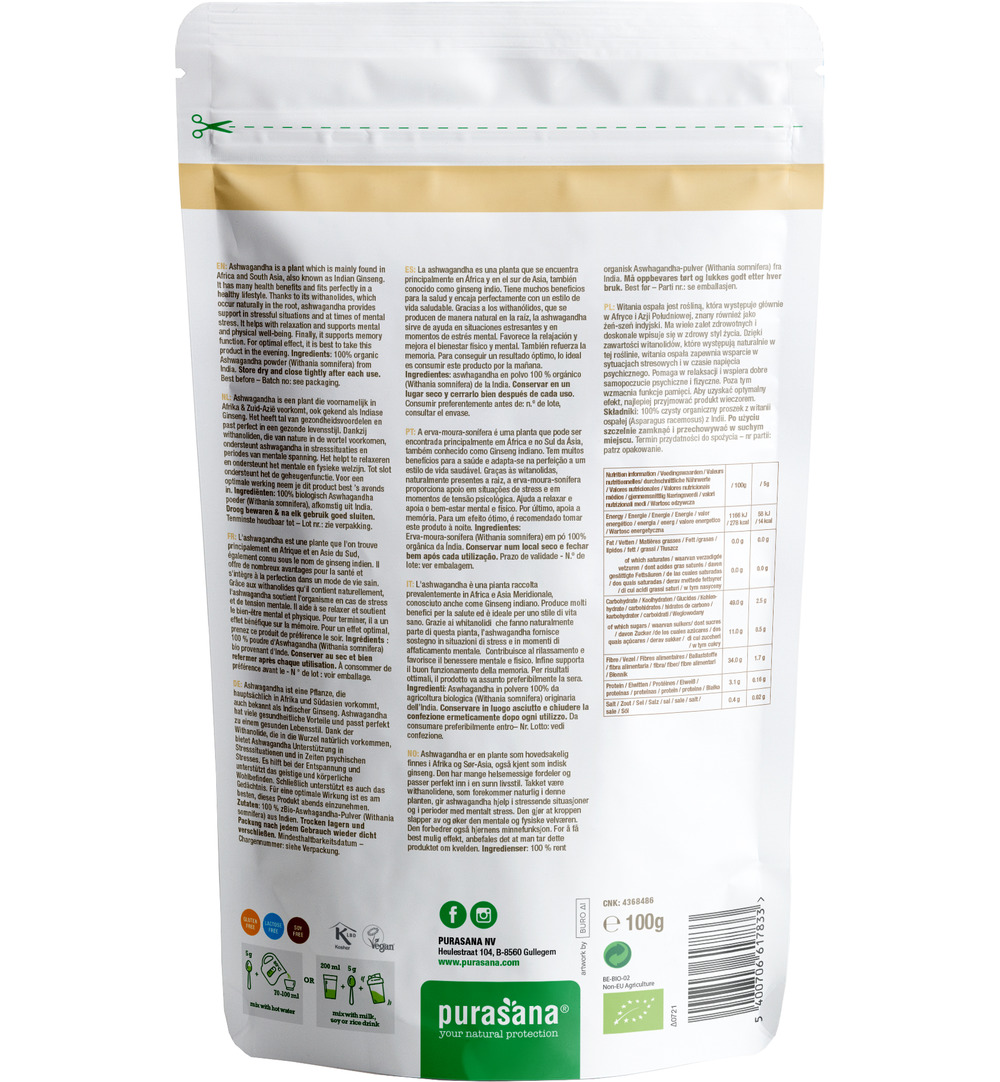 Purasana Ashwagandha Poeder – Vegan Bio (100 gr)