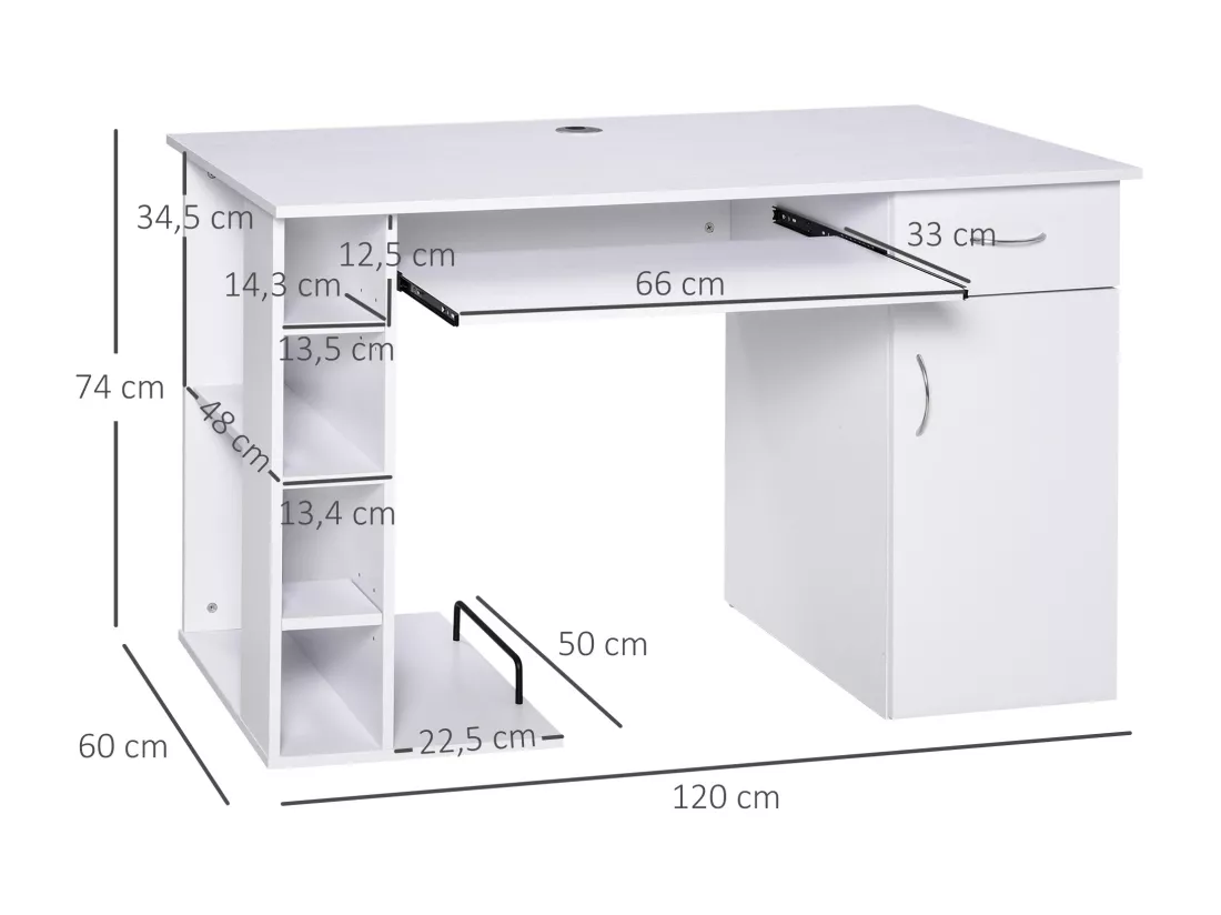 Bureau informatique multimédia multi-rangements avec étagère tiroir tablette clavier MDF 120 x 60 x 74 cm blanc