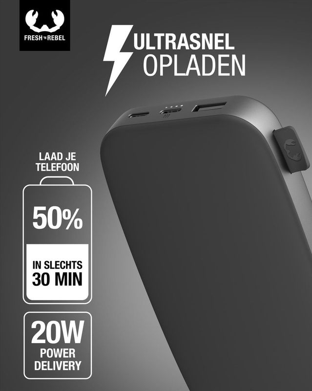 Fresh 'n Rebel - Powerbank 18000 mAh - Storm Grey - Snelladen