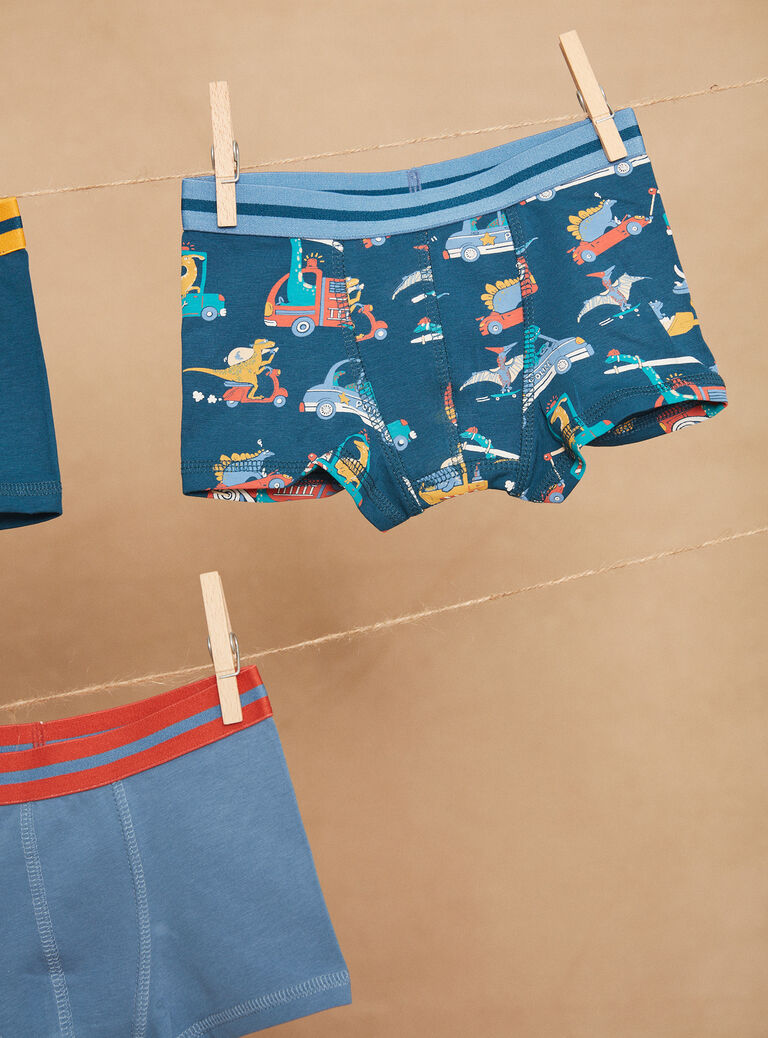 5 boxers bleu, jaune et rouge à imprimé et motif dinoaures