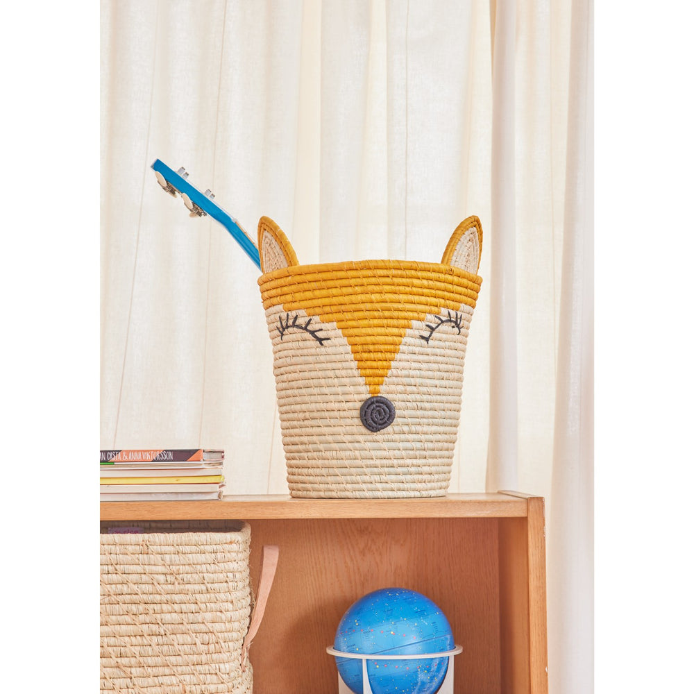 Køb Rice Round Raffia Kurv Med Fox Head - Yellow