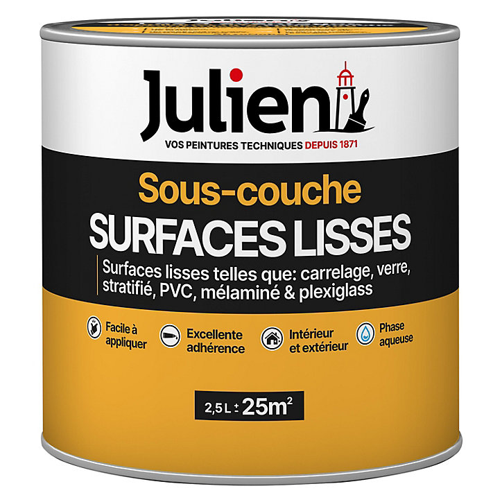 Sous-couche surfaces lisses ou difficiles, carrelage, verre, PVC Julien mat blanc 2,5 L