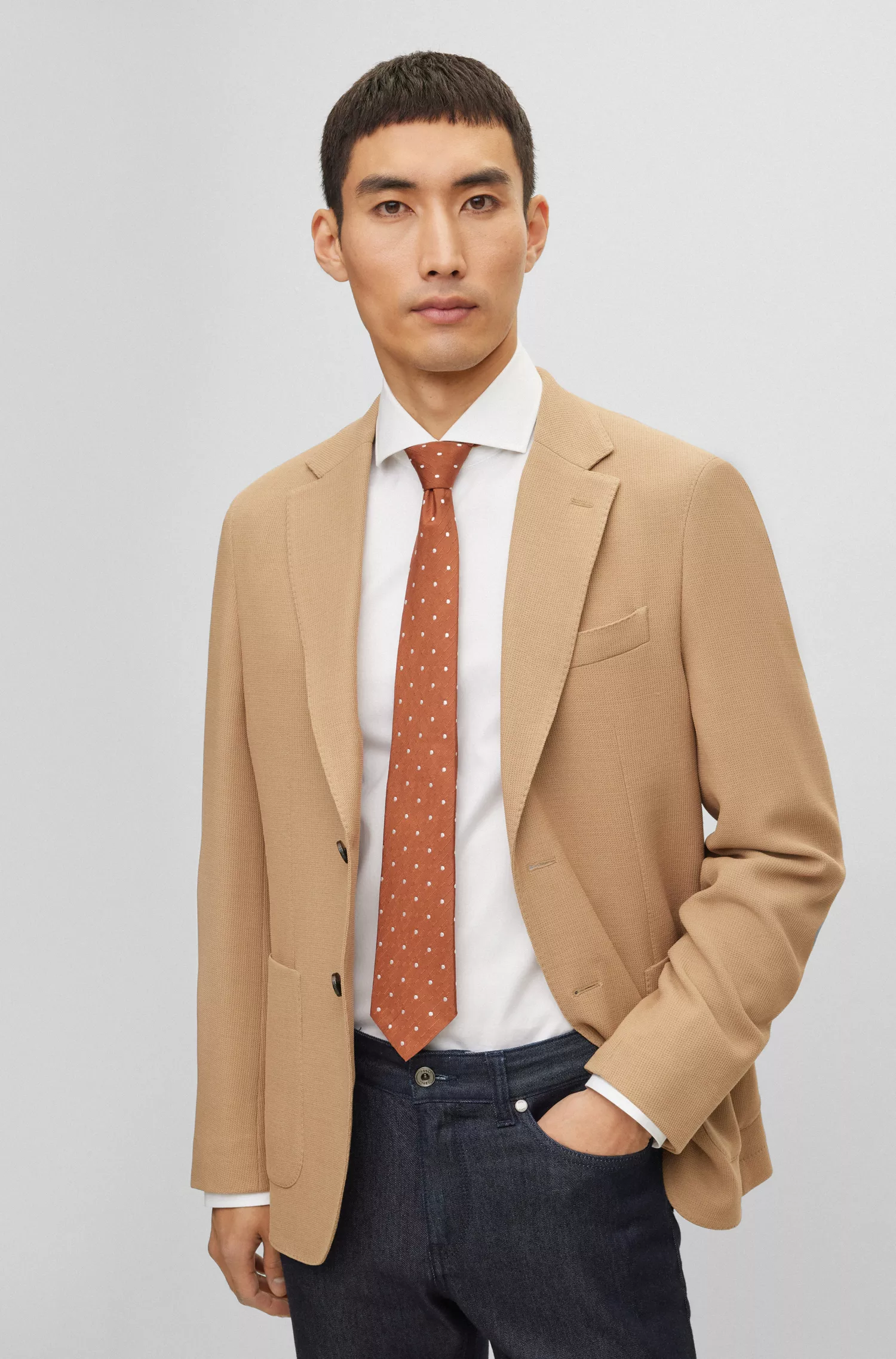 Jaqueta BOSS Camel Slim-fit em mistura de lã com microestampa