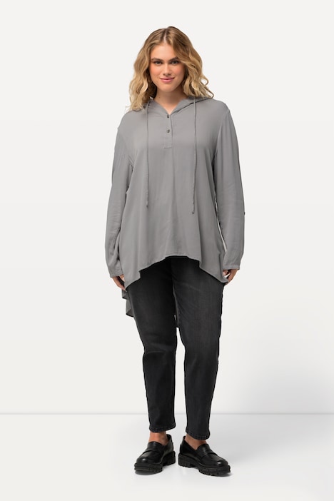 Longbluse, Kapuze, A-Linie, hinten länger, Langarm