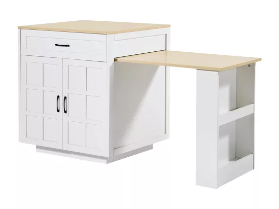 Table de bar extensible 133-202cm avec 2 tiroirs et 4 compartiments îlot cuisine pour 2-6 personnes blanc