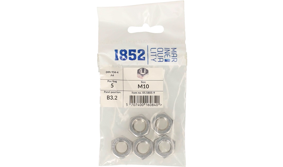Møtrik m10 a4 din 934-4 5 stk