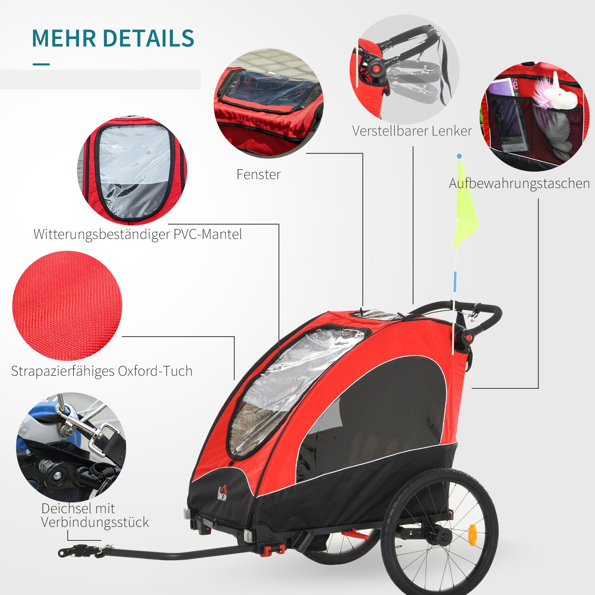 HOMCOM 2 in 1 Fahrradanhänger für 2 Kinder 150 x 85 x 107 (LxBxH)
