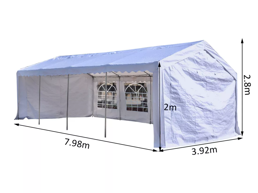Tente barnum tonnelle de réception 798L x 392l x 280H cm polyéthylène imperméable 8 fenêtres et acier galvanisé robuste blanc
