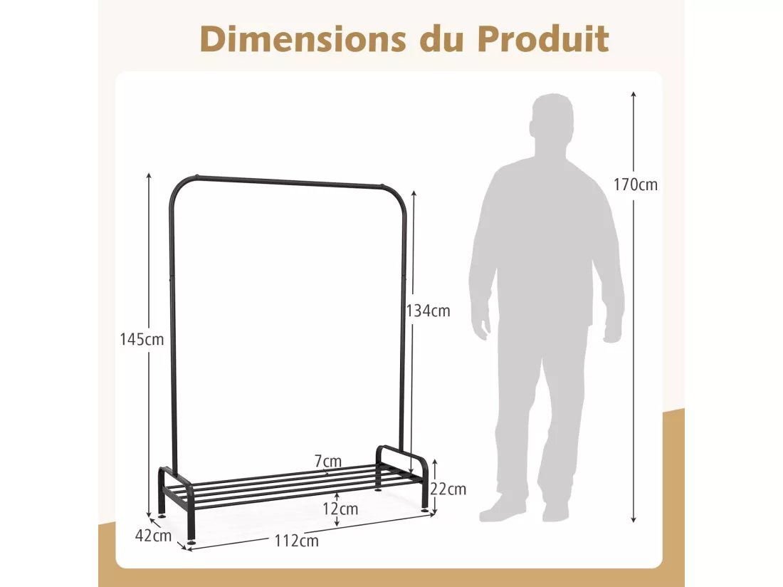 Portant à Vêtement avec Étagère de Chaussures, Penderie Vêtement Hauteur 145CM, Tube en Fer, 4 Pieds Réglables, Portique Vêtement pour Chambre, Salon, Noir