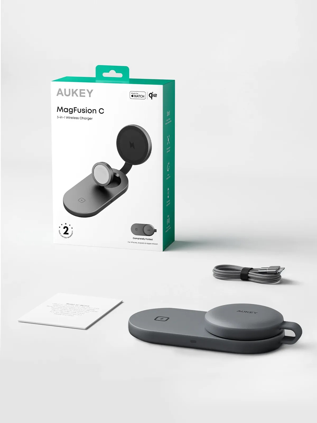 (15W) MagFusion C 3in1 MagSafe Qi2 Wireless Charger Faltbare Ladestation für iPhone / Apple Watch / Airpods (LC-MC313) - Grau / Schwarz
