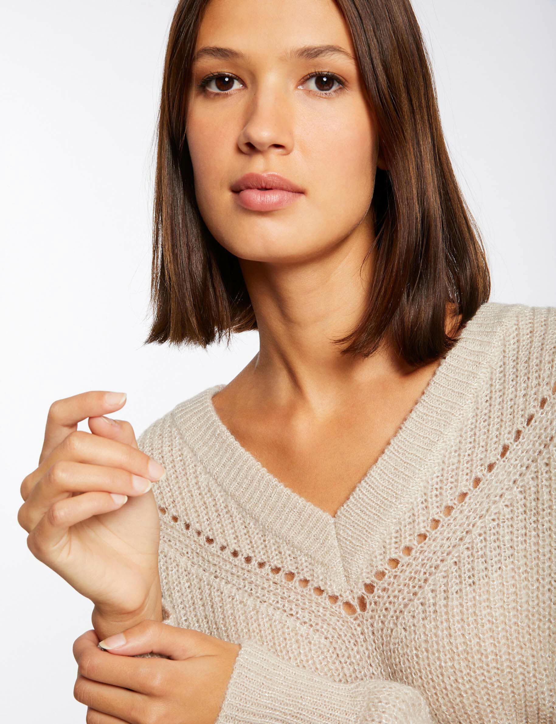 Pull manches longues avec col en V beige femme - beige