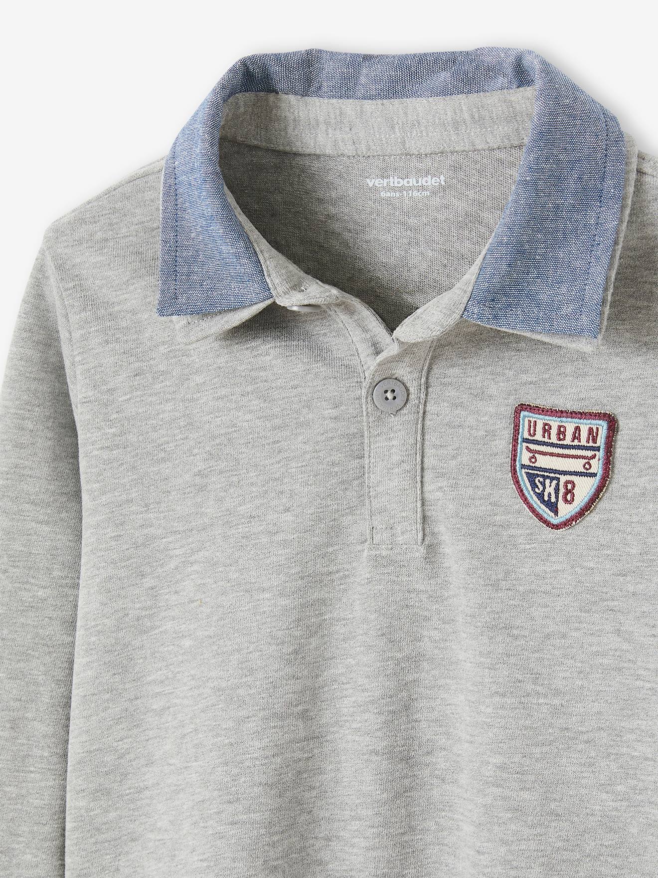 Camisa polo com emblema e gola chambray, camisa lisa azul-marinho infantil com estampas.