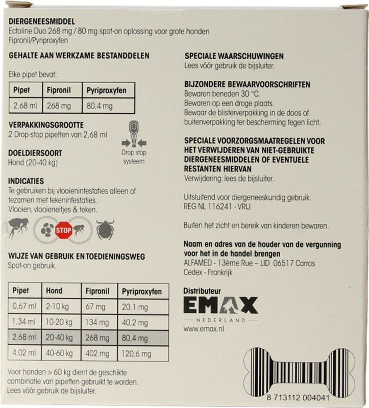 Flea Free Ectoline Duo Hond - 20 tot 40 kg - Tegen Vlooien en Teken - 2 Pipetten