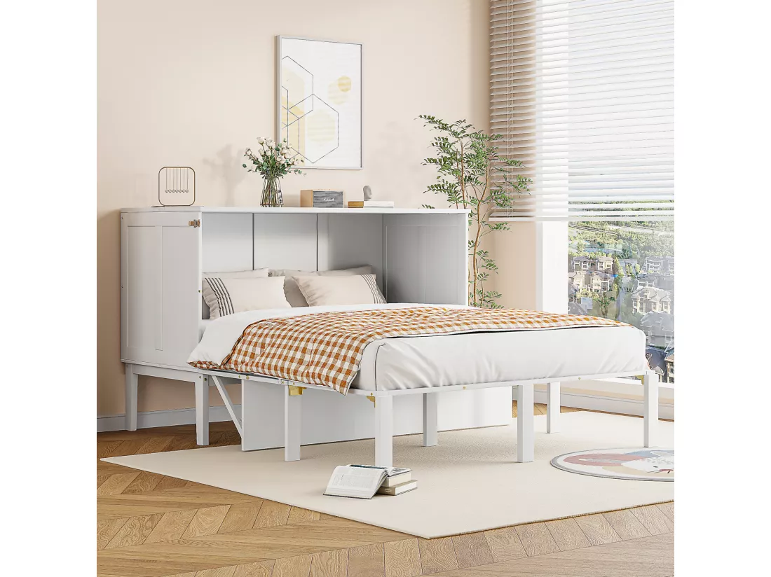 Lit escamotable 140x200 cm, avec sommier à lattes, lit pliant mural, dimension après pliage : 70x140cm, sans matelas, bois, blanc