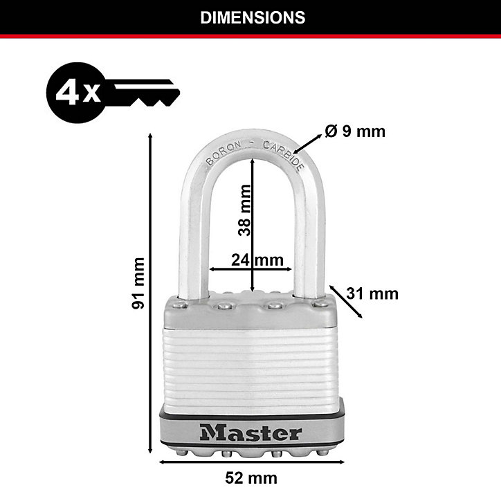 Cadenas à clé Master Lock Excell M5EURDLF acier laminé l.52 mm hauteur de l'anse 38 mm