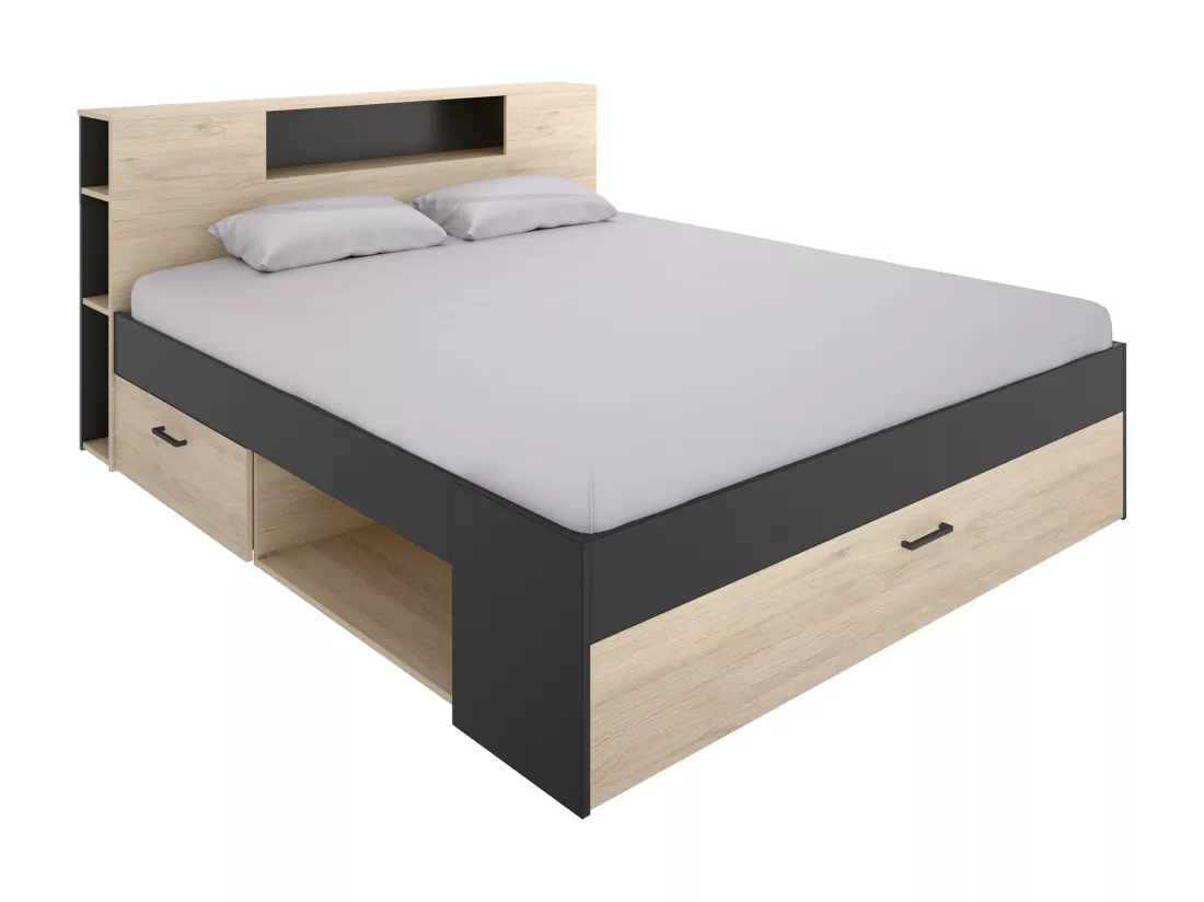 Lit avec tête de lit rangements et tiroirs - 180 x 200 cm - Coloris : Naturel et anthracite + Sommier - LEANDRE