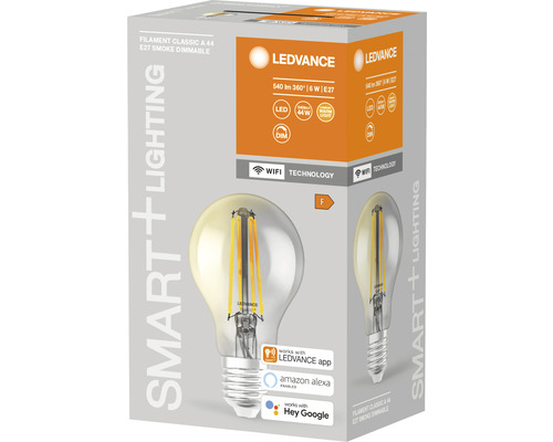 Ledvance Smart WIFI Filament Classic LED-lamp, dimbaar, A60 E27/6W (44W), gerookt glas, 540 lm, 2500 K warm wit