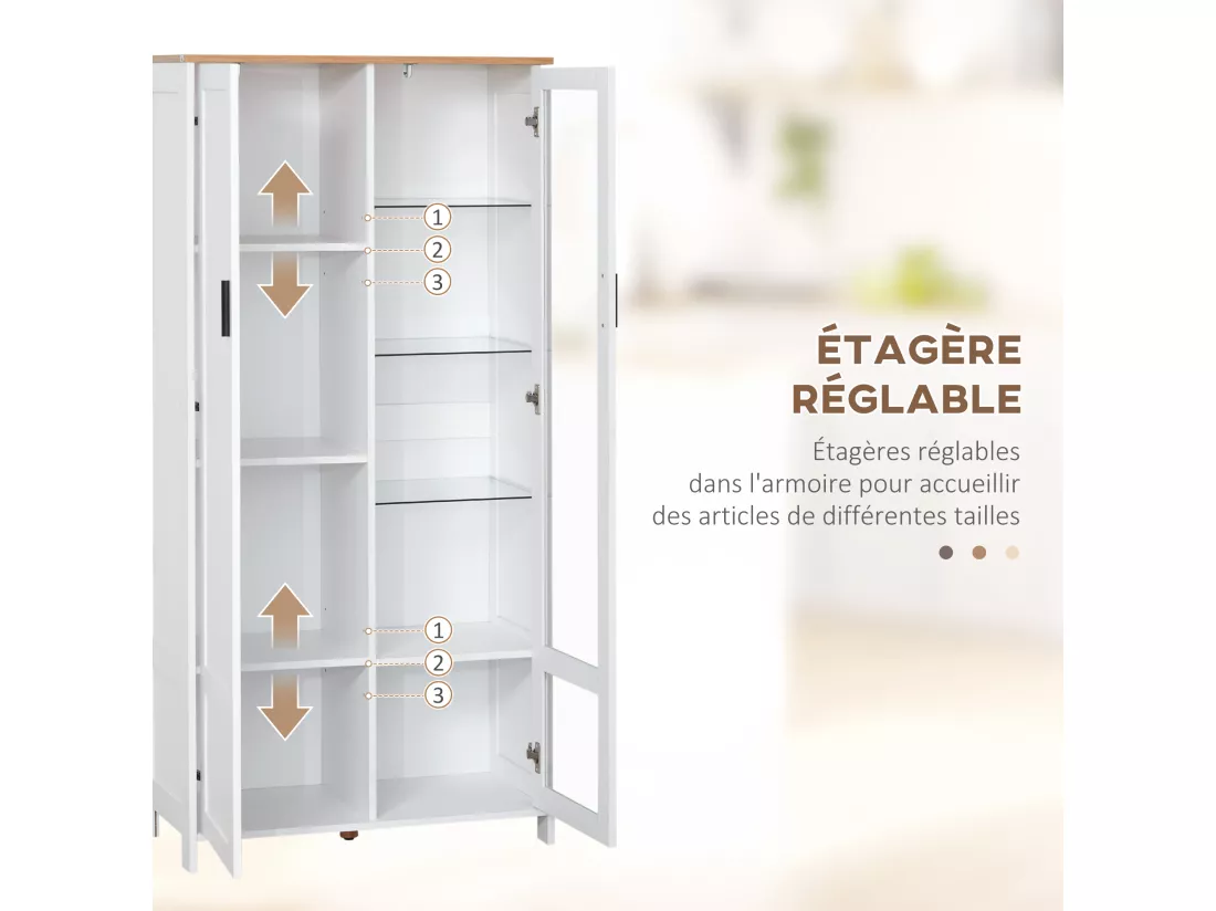 Armoire de rangement - 2 portes - 7 étagères - dim. 76L x 36l x 160H cm - blanc aspect chêne clair verre