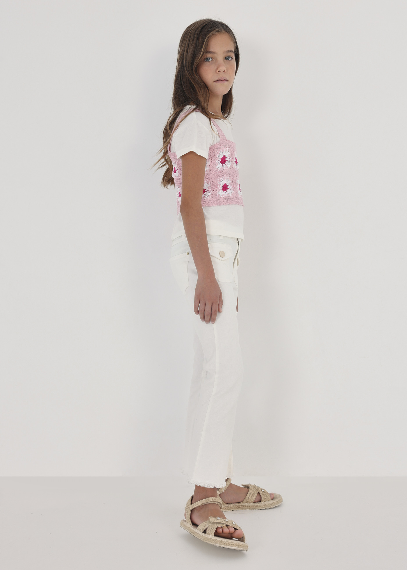 Conjunto de 2 peças: blusa de crochê e camiseta para meninas