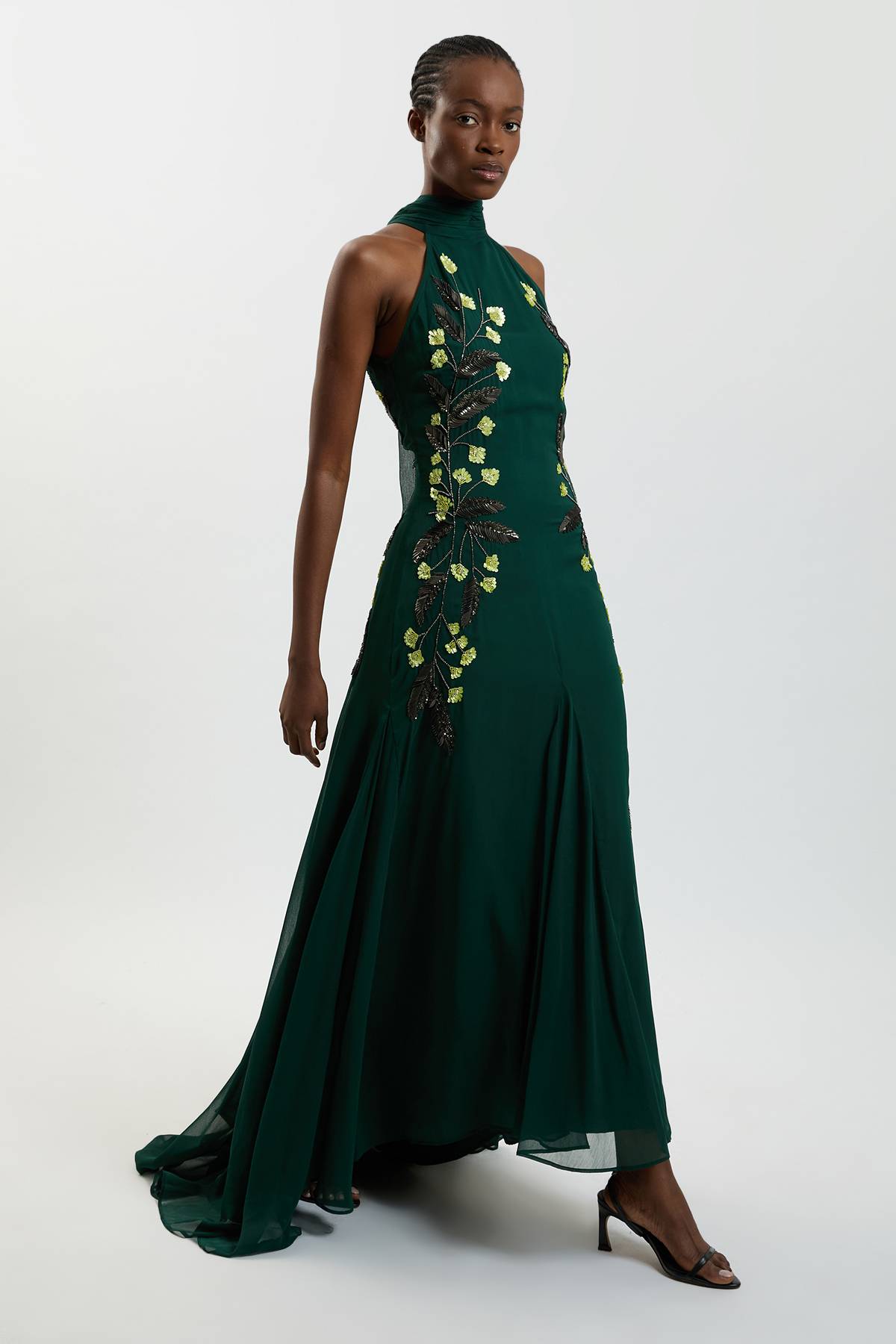 KarenMillen Robe Longue Dos Nu À Col Halter Avec Ornements Floraux Brodés Main