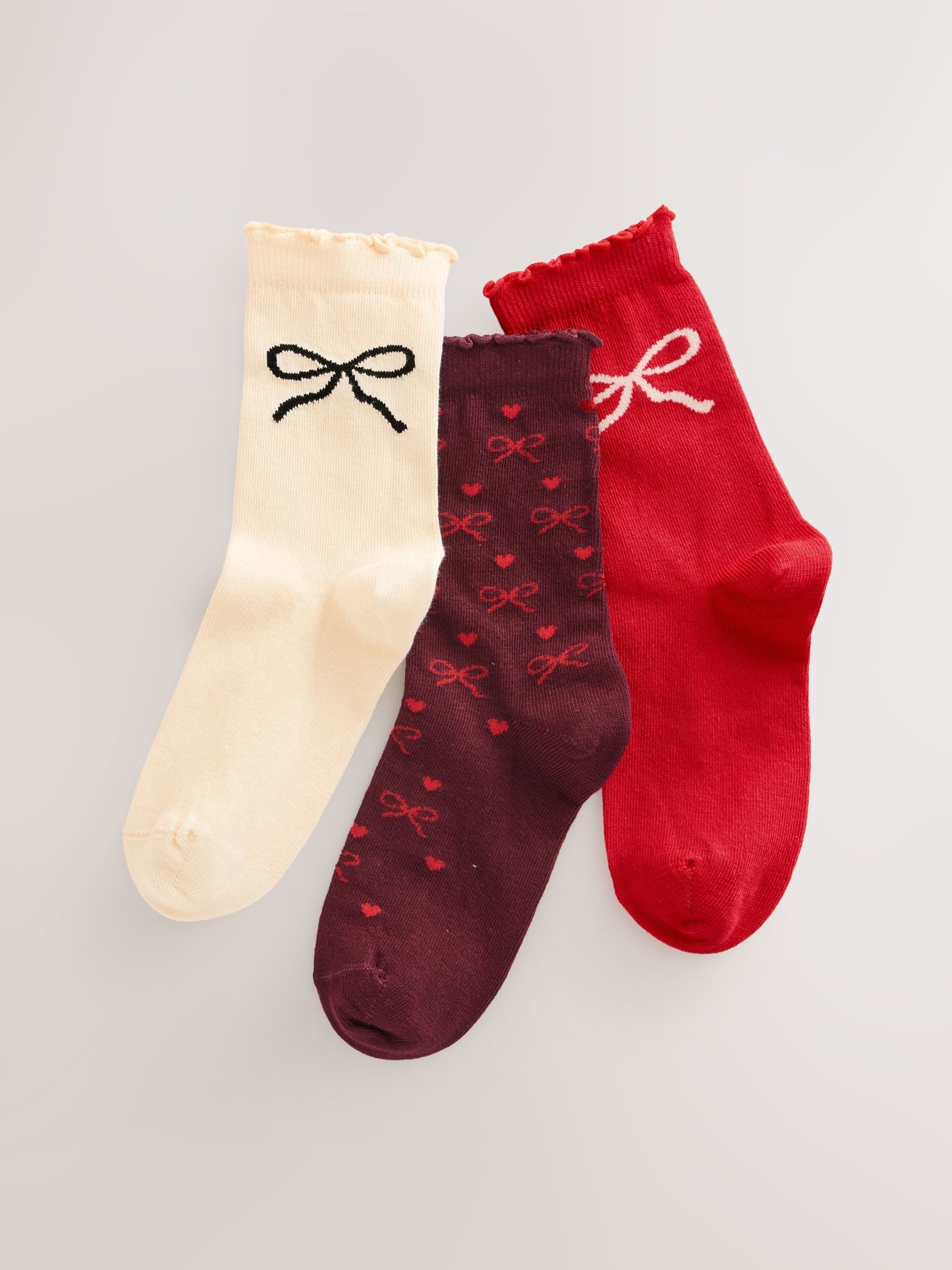Rood en ecru - Cotton Rich Bow Ankle Socks 3 Pack