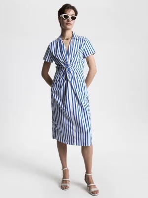 Vestido midi listrado em popeline com detalhe torcido na frente
