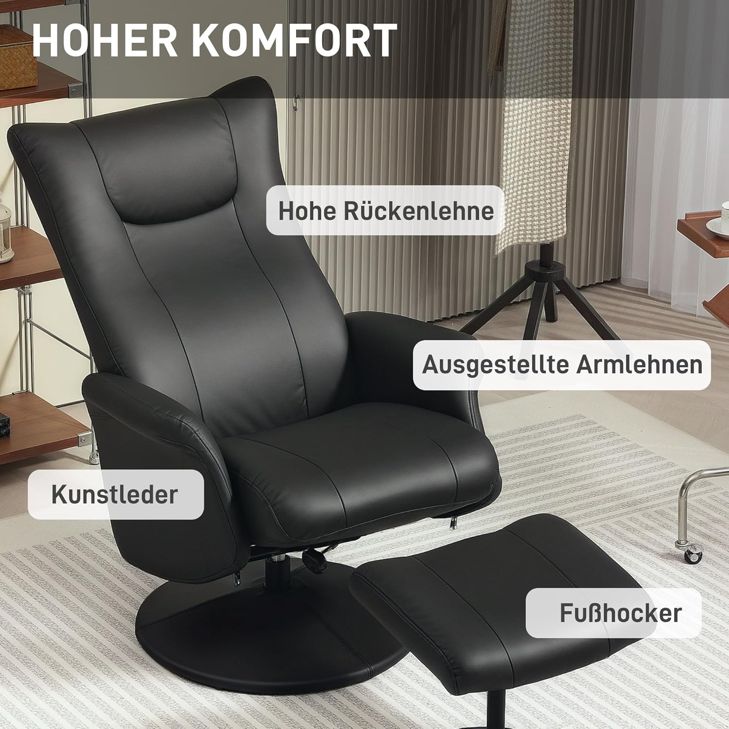 HOMCOM Relaxsessel mit Hocker 360°Drehbarer Fernsehsessel mit Liegefunktion Ruhesessel mit Verstellbar Rückenlehne TV-Sessel bis 150 kg belastbar für Wohnzimmer Kunstleder, Schwarz
